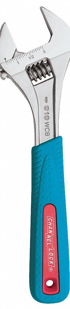 CHANNELLOCK Adjustable Wrench: Alloy Steel, Chrome, 10 in Overall Lg, 1 3/8 in Jaw Capacity (MPN 810WCB). Key specifications — attr309359: Chrome; attr324924: CHANNELLOCK; attr309358: Alloy Steel.