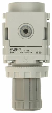 SMC Regulator: Die-Cast Zinc, 1/4 in NPT, 7.251887 psi to 123.2821 psi, 1 MPa Max Op Pressure, Knob (MPN AR20-N02H-Z-D). Key specifications — attr111664: No; attr111400: AR-D; attr111627: SMC.