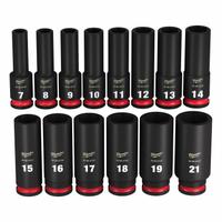 MILWAUKEE Impact Socket Set: 3/8 in Drive Size, Small Set (0-50 pieces) Set Size, 14 Pieces, 0 (MPN 49-66-7008). Key specifications — attr1204251: MILWAUKEE; attr1215453: 3/8 in; attr1215454: 7 mm to 21 mm; attr1224229: Friction.