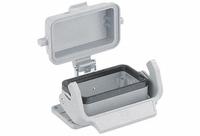 HARTING Rectangular Connector Housing: Size 16 B, Bulkhead Mount, Gray, Aluminum Die-Cast, IP65 (MPN 09300160306). Key specifications — IP Rating: IP65; Size Designation: 16 B; Seal Material: NBR; Locking Type: Single Lever; Brand: HARTING; Primary Material: Aluminum; Operating Temperature Range: -40 to 125 Degrees C.