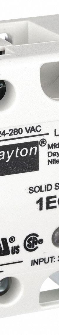DAYTON Solid State Relay: Surface Mounted, 10 A Max Output Current, Triac, AC Output (MPN 1EGJ3). Key specifications — Brand: DAYTON; Current Type: DC; Electrical Connection: Screw; Finger Safe: Yes; Maximum Output Current without Heat Sink: 10 A; Mounting Style: Surface; Output Voltage: 24 to 280V AC; Switch Configuration: Form B.