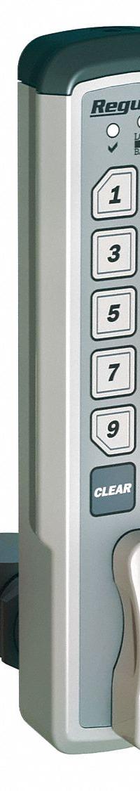 COMPX REGULATOR Electronic Keyless Lock: Brushed Nickel, Deadlatch, 1 1/2 in Body Ht, 12 Buttons (MPN REG-S-V-5). Key specifications — Finish: Brushed Nickel; Latch Type: Deadlatch; Brand: COMPX REGULATOR; Manufacturer Part Number: REG-S-V-5.