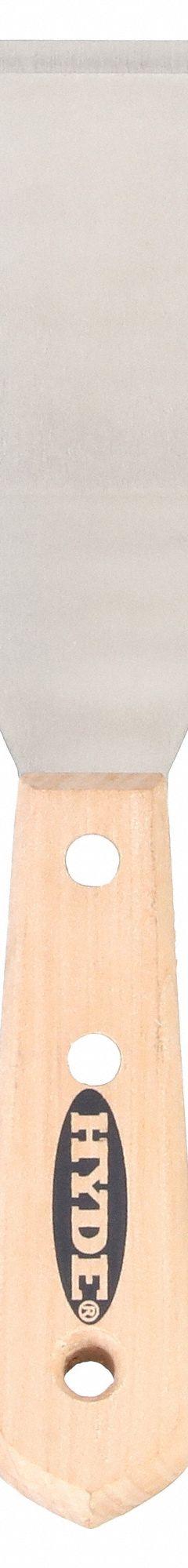 HYDE Scraper: Bld. Mat. Carbon Steel, Hdl. Mat. Hardwood, Stiff, Straight Bld. Shape (MPN 12010). Key specifications — attr1004902: HYDE; attr1014703: Wood; attr1017570: Standard End; attr1029655: Straight; attr1034073: Straight.