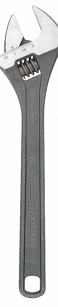 CHANNELLOCK Adjustable Wrench: Alloy Steel, Black Phosphate, 15 in Overall Lg, 1 1/2 in Jaw Capacity (MPN 815N). Key specifications — attr309359: Black Phosphate; attr324924: CHANNELLOCK; attr309358: Alloy Steel.
