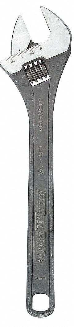 CHANNELLOCK Adjustable Wrench: Alloy Steel, Black Phosphate, 15 in Overall Lg, 1 1/2 in Jaw Capacity (MPN 815N). Key specifications — attr309359: Black Phosphate; attr324924: CHANNELLOCK; attr309358: Alloy Steel.