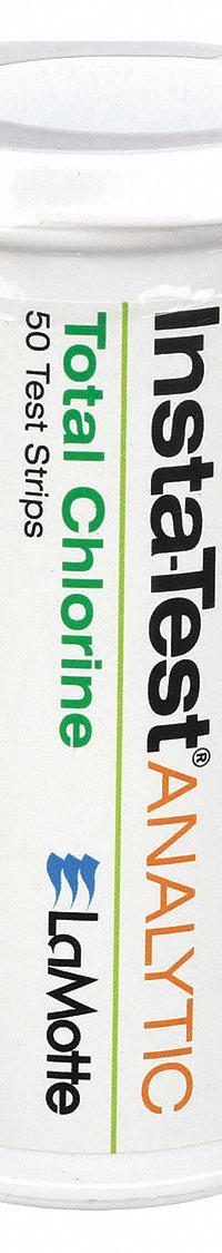 LAMOTTE Test Strips: Total Chlorine, 0 to 5 ppm Total Chlorine, Strip, 50 Tests, 3 in Overall Lg (MPN 2979). Key specifications — Test Form: Strip; Brand: LAMOTTE; Parameter Measurements Included: 0 to 5 ppm Total Chlorine.