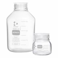 DURAN Narrow Mouth Round Glass Bottles - Safety Coated: 2 L, 80 mm, Colorless, 6 Bottles (MPN 218656382). Key specifications — Brand: DURAN; Graduated: Yes; Pre-Cleaned: None; Body Color: Colorless; Screw Closure Size: 80 mm.