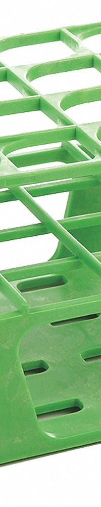 Tube Rack: 3 5/8 in Overall Wd, 4 7/8 in Overall Ht, 4 3/4 in Overall Lg, POM, Green, (16) Wells (MPN HS27504C). Key specifications — Material: POM; Mounting Location: Benchtop; Color: Green; Product Type: Test Tube Rack; Total Holding Capacity: (16) Wells; Brand: HEATHROW SCIENTIFIC.