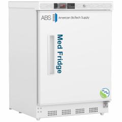 AMERICAN BIOTECH SUPPLY Pharmacy Refrigerator: 4.6 cu ft, Undercounter, 1°C to 10°C, Swing Solid (MPN PH-ABT-NSF-UCBI-0404). Key specifications — Door Opening Style: Right; Color: White; Alarm Type: Temperature; Manufacturer Part Number: PH-ABT-NSF-UCBI-0404; Brand: AMERICAN BIOTECH SUPPLY; Product Type: Pharmacy Refrigerator; Door Type: Swing Solid; Refrigerant Type: R-600a.