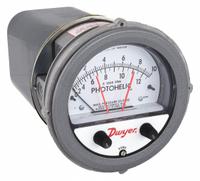 DWYER Differential Pressure Gauge & Switch: Single-Side, 1/8 in NPT Female, ±2% Gauge Accuracy (MPN A3010AV). Key specifications — Sensor Type: Diaphragm; Series: A3000 Photohelic; Housing Material: Die Cast Aluminum; Certificate of Calibration: Not Included; Gauge Accuracy: ±2%.