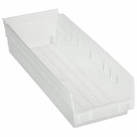 AKRO-MILS Shelf Bin: 17 7/8 in Overall Lg, 6 5/8 in x 4 in, Clear, Nesting Capable, Not Hangable (MPN 30138SCLAR). Key specifications — attr1179622: AKRO-MILS; attr1179611: 0%; attr1179616: 30138SCLAR; attr1179624: Dividers Not Included; attr1249172: Not Electrostatic Discharge Conductive.