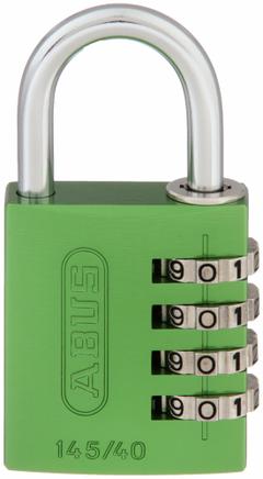 ABUS Combination Padlock: Scrolling Combo, Green, Aluminum, Std Shackle, Steel Shackle (MPN 145/40 Green). Key specifications — Dial Color: Silver; Brand: ABUS.