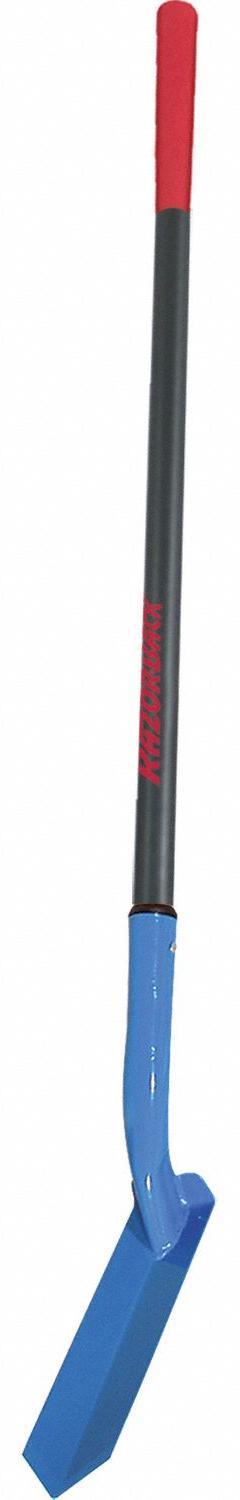 RAZOR-BACK Trenching Shovel: Steel Blade, 14 ga, Straight Handle Type, Fiberglass Handle (MPN 47033). Key specifications — Blade Color: Blue; Handle Color: Gray; Blade Material: Steel.