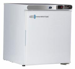 AMERICAN BIOTECH SUPPLY Lab Refrigerator: 1 cu ft, Tabletop, 1°C to 10°C, 19 1/4 in Overall Dp, Temp (MPN ABT-HC-UCFS-0104). Key specifications — Door Opening Style: Right; Color: White; Alarm Type: Temperature; Manufacturer Part Number: ABT-HC-UCFS-0104; Brand: AMERICAN BIOTECH SUPPLY; Product Type: Lab Refrigerator; Door Type: Swing Solid; Refrigerant Type: R-600a.