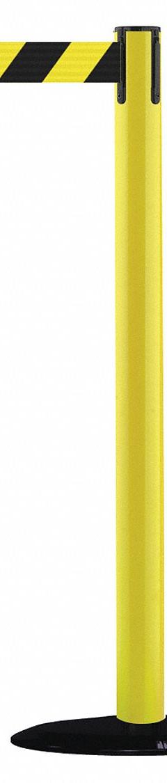 TENSABARRIER Barrier Post with Belt: Black/Yellow, Chevron, No Legend, 7 1/2 ft Belt Lg, Yellow (MPN 875-35-STD-NO-D4X-C). Key specifications — Base Material: Cast Iron; Belt Color: Black/Yellow; Brand: TENSABARRIER; Post Material: Plastic; Post Color: Yellow; Message: No Legend.