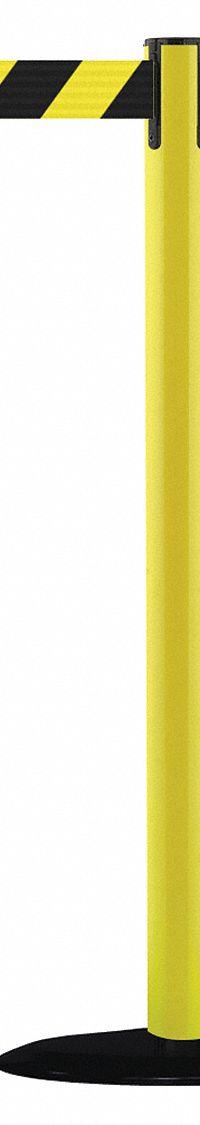 TENSABARRIER Barrier Post with Belt: Black/Yellow, Chevron, No Legend, 7 1/2 ft Belt Lg, Yellow (MPN 875-35-STD-NO-D4X-C). Key specifications — Base Material: Cast Iron; Belt Color: Black/Yellow; Brand: TENSABARRIER; Post Material: Plastic; Post Color: Yellow; Message: No Legend.