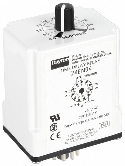 Dayton Single Function Time Delay Relay: Socket Mounted, 240V AC, 10 A, 11 Pins/Terminals - Socket-Mounted Relays