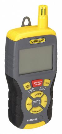 GENERAL Moisture Meter: Digital, LCD with Backlight, Pin/Pinless, ±3% Moisture Content Accuracy (MPN RHMG650). Key specifications — attr999354: Digital; attr1009284: Flat Pinless; attr1009272: Auto Power Off; attr999347: Wood; attr999350: LCD with Backlight; attr999383: ±3%; attr999345: GENERAL.
