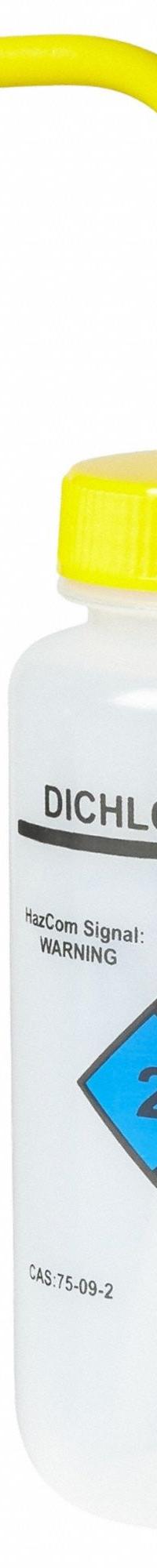 APPROVED VENDOR Wash Bottle: 500 mL, Dichloromethane, Yellow, Wide, Vented Spout Spout, Colorless (MPN UN370055). Key specifications — Closure Color: Yellow; Vented/Nonvented: Vented; Body Color: Colorless; Brand: APPROVED VENDOR; Imprinting Group: Specific Chemicals.
