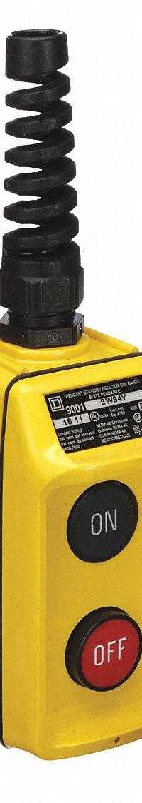 SQUARE D Pendant Control Station: (2) Push Buttons, 1NO/1NC, On/Off, NEMA 4, (2) Push Buttons (MPN 9001BW94Y). Key specifications — AC Contact Rating: 0.75 A @ 480 V; Action: Maintained/Maintained; DC Contact Rating: 0.2 A @ 600 V; Enclosure Material: Thermoplastic; Hub Style: Dead-End; Legend: On/Off; Operator Configuration: (2) Push Buttons; Brand: SQUARE D.