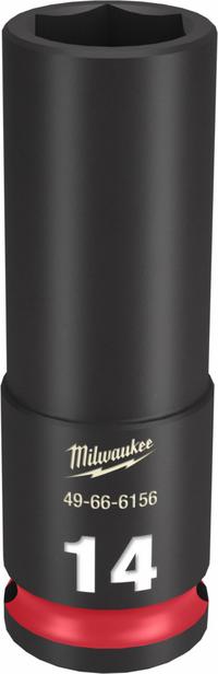MILWAUKEE Deep Impact Socket: 3/8 in Drive Size, Metric, 14 mm Socket Size, 6-Point, Deep, Friction (MPN 49-66-6156). Key specifications — attr1215501: MILWAUKEE; attr1215515: Black Phosphate; attr1215518: 14 mm.