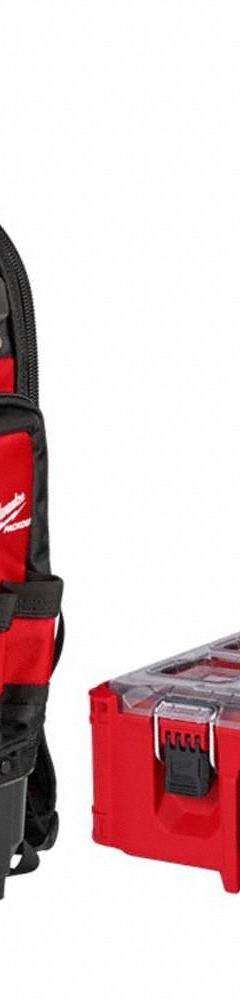 MILWAUKEE PACKOUT Tool Backpack Kit: 18 in W x 9 1/2 in D x 20 in H, Polyester, Red (MPN 48-22-8303, 48-22-8432). Key specifications — attr1120376: MILWAUKEE; attr1120463: Polyester; attr1120464: Red; attr1120343: PACKOUT™ Deep Organizer.
