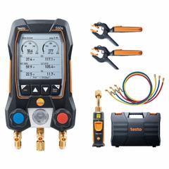 TESTO Manifold Gauge Set: 2 Valves, 3 Hoses, Series 550s, measureQuick/testo Smart (MPN 0564 5505 01). Key specifications — Product Type: Digital Wireless Manifold Gauge Set; For Refrigerant Type: R-245FA; Brand: TESTO; Includes: 2-Way Valve Block; Gauge Boots: Yes; Sight Glass: Yes.