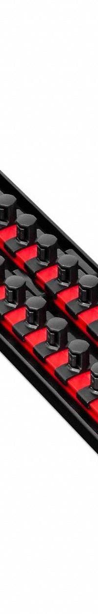 ERNST MANUFACTURING Twist-Lock Socket Organizer Tray: Red, 3 5/8 in Overall Wd, 34 Posts/Slots (MPN 8454). Key specifications — attr1125333: I.D. Stickers; attr1125348: Plastic; attr1125346: ERNST MANUFACTURING; attr1125347: Red; attr1136588: Sockets; attr1125364: Socket Rail.