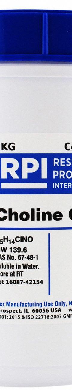 RPI Choline Chloride: 1 kg Volume, pH (10% Solution in H2O @ 25°C): 4.0 to 7.0 Special Information (MPN C41040-1000.0). Key specifications — Form: Solid; Special Information: pH (10% Solution in H2O @ 25°C): 4.0 to 7.0; Brand: RPI; Chemical Grade: Lab; Container Material: Plastic.