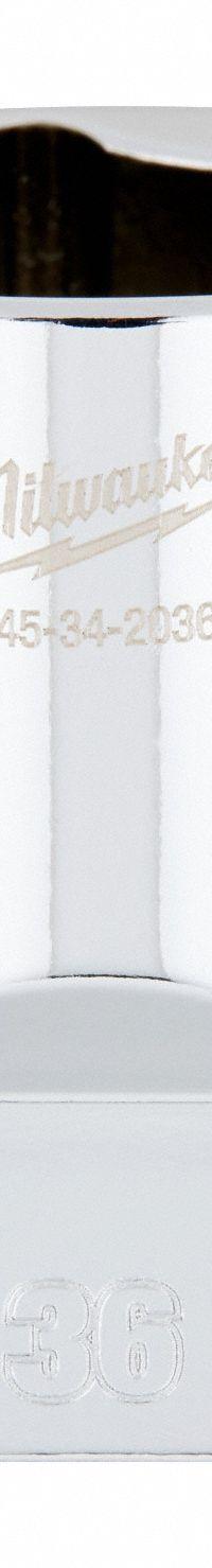 MILWAUKEE Socket Extension: Metric, 1/2 in Drive Size, 36 mm Socket Size, 6-Point, Std, Chrome (MPN 45-34-2036). Key specifications — attr1204417: MILWAUKEE; attr1204392: Chrome.