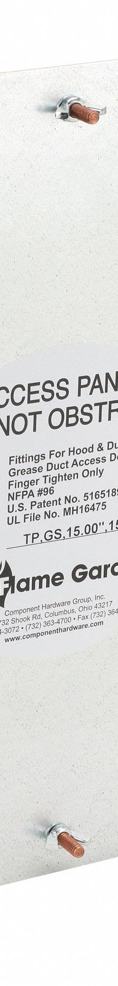 Duct Access Door: 15 in x 15 in, 16 ga, Steel, Thumbscrews, 2,300°F Max Temp Rating, 8 Mounting Stud (MPN 6EJA6). Key specifications — Brand: FLAME GARD; Material: Steel; For Duct Shape: Rectangular.