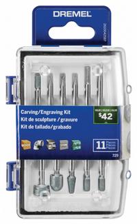 DREMEL Rotary Tool Accessory Kit: Rotary Tool Accessory Kit, 11 Pieces, Case Included (MPN 729-01). Key specifications — attr1097321: 85602-13/32 in Silicon Carbide Grinding Stone; attr1097325: Case Included; attr1097330: DREMEL.