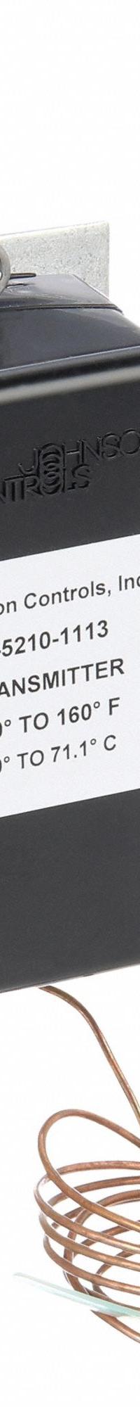 Pneumatic Temperature Transmitter: Remote Bulb Element, -40°F to 160°F, 20 psi to 25 psi (MPN T-5210-1113). Key specifications — Air Connection Type: Barb; Action Type: Direct Acting; Manufacturer Part Number: T-5210-1113; Brand: JOHNSON CONTROLS; Element Type: Remote Bulb; Mounting Style: Duct; Product Type: Pneumatic Temperature Transmitter.