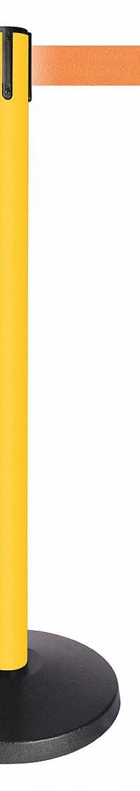 QUEUEWAY Barrier Post with Belt: Orange, No Pattern, No Legend, 10 ft Belt Lg, Yellow, 10 ft x 2 in (MPN QPLUS-35-O5). Key specifications — Base Material: ABS; Belt Color: Orange; Brand: QUEUEWAY; Post Material: Metal Alloy; Post Color: Yellow; Message: No Legend.