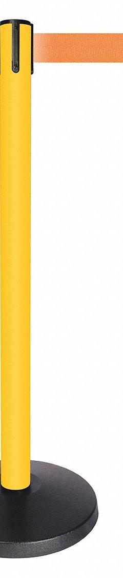 QUEUEWAY Barrier Post with Belt: Orange, No Pattern, No Legend, 10 ft Belt Lg, Yellow, 10 ft x 2 in (MPN QPLUS-35-O5). Key specifications — Base Material: ABS; Belt Color: Orange; Brand: QUEUEWAY; Post Material: Metal Alloy; Post Color: Yellow; Message: No Legend.