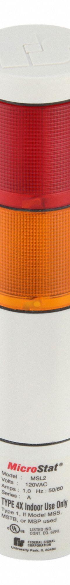 FEDERAL SIGNAL Status Indicator Light: 2 Tier, Amber/Red, No Sounder Tier, 9 13/16 in Overall Ht (MPN MSL2-120AR). Key specifications — Manufacturer Part Number: MSL2-120AR; Brand: FEDERAL SIGNAL; Operating Voltage: 120V AC; Light Tier Color: Amber.