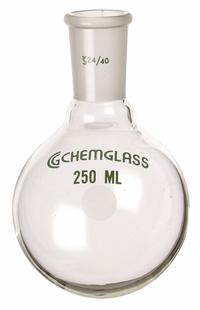CHEMGLASS Boiling Flask: 25 mL, Colorless, Round, A, 14/20 Compatible with Stopper Size (MPN CG-1506-86). Key specifications — Shape: Round; Body Color: Colorless; Brand: CHEMGLASS; Compatible with Stopper Size: 14/20; USP Specification: Type I.