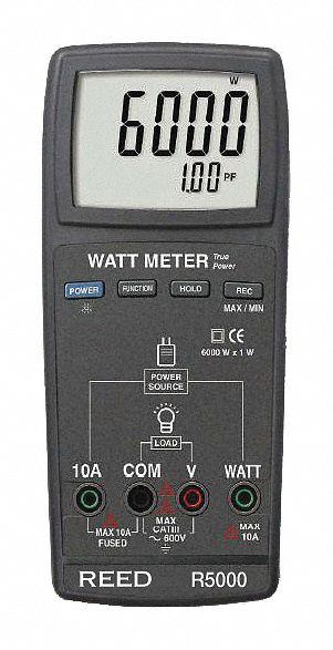REED INSTRUMENTS Watt Meter: 600 V Max AC Volt Measured, For Single Phase, CAT III 600V - Power Meters