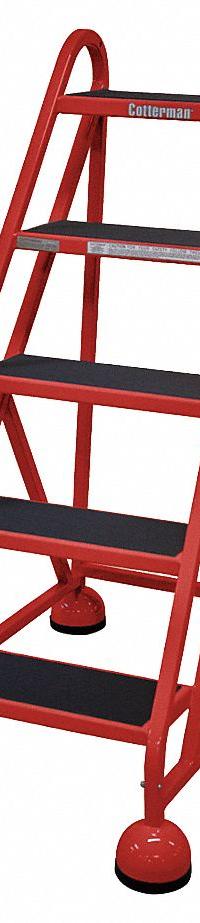 COTTERMAN Rolling Ladder: 3.8 ft Platform Ht, Partially Assembled, Steel, Wt-Actuated Auto-Lock (MPN ST-520 A2 C6 P5). Key specifications — Includes Handrails: Handrails Not Included; Material: Steel; Brand: COTTERMAN; Color: Red.