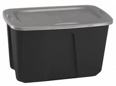HOMZ Storage Tote: 32 gal, 31 7/8 in x 20 in x 17 3/4 in, Black Body, Gray Lid, More than 20 gal (MPN 6630GRBKTS.06). Key specifications — Material: Plastic; Body Color: Black; Lid Color: Gray; Brand: HOMZ.