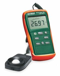 EXTECH Light Meter: Built-In Stand/Protective Cover/Protective Rubber Holster/Remote Sensor, LCD (MPN EA30). Key specifications — Brand: EXTECH; Light Level Accuracy: ±3%; Digital Display Screen Type: LCD; Includes: Protective Cover; Certificate of Calibration: Not Included.