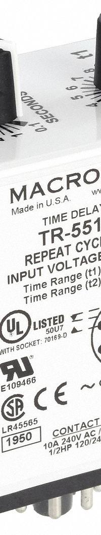 MACROMATIC Single Function Time Delay Relay: Socket Mounted, 120V AC/DC, 10 A, 8 Pins/Terminals (MPN TR-55122-05). Key specifications — Brand: MACROMATIC.