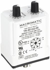 MACROMATIC Single Function Time Delay Relay: Socket Mounted, 120V AC/DC, 10 A, 8 Pins/Terminals (MPN TR-55122-05). Key specifications — Brand: MACROMATIC.