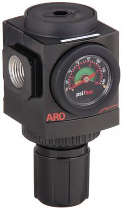 ARO Compressed Air Regulator: Aluminum, 1/2 in NPT, 210 cfm, 0 psi to 140 psi, Knob, 2000 Series (MPN R37341-600). Key specifications — attr111664: Yes; attr111400: 2000; attr111627: ARO.