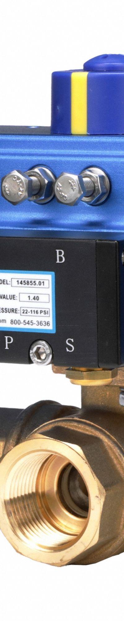 DYNAQUIP CONTROLS Pneumatically Actuated Three-Way Ball Valve: 3/4 in - L-Port Brass Pneumatically-Actuated Ball Valves
