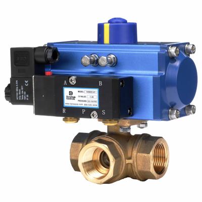 DYNAQUIP CONTROLS Pneumatically Actuated Three-Way Ball Valve: 3/4 in, Brass - L-Port Brass Pneumatically-Actuated Ball Valves