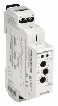 MACROMATIC Voltage Sensing Relay: DIN-Rail Mounted, 5 Pins/Terminals, 15 A, 120V AC, Screw (MPN VWKE120A). Key specifications — Drop-Out Range: 30% to 95%; Monitored Parameters: Voltage Band; Brand: MACROMATIC.