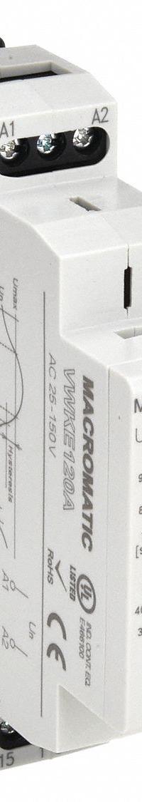 MACROMATIC Voltage Sensing Relay: DIN-Rail Mounted, 5 Pins/Terminals, 15 A, 120V AC, Screw (MPN VWKE120A). Key specifications — Drop-Out Range: 30% to 95%; Monitored Parameters: Voltage Band; Brand: MACROMATIC.