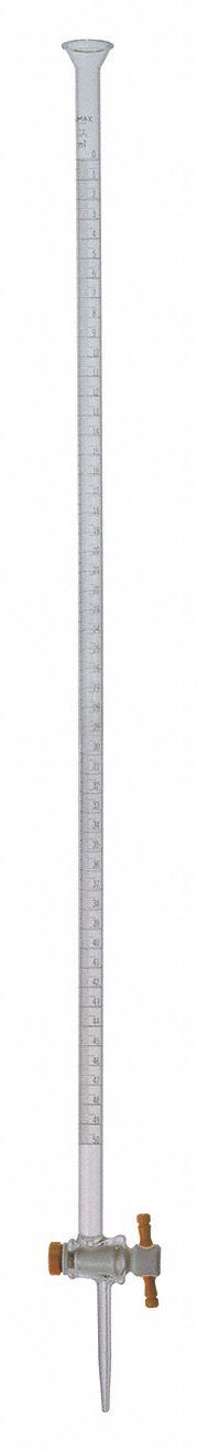 KIMBLE Diagonal Bore Buret: 50 mL, A, 746 mm, ±0.05 mL, 0.1 mL Inc, Borosilicate Glass (MPN 17094F-50). Key specifications — Closure Included: No; Tolerance: ±0.05 mL; Brand: KIMBLE; Body Material: Borosilicate Glass.
