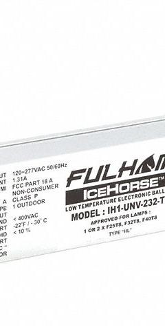 FULHAM Fluorescent Ballast: 120 to 277V AC, 1/2 Lamps Supported, 25 W_32 W Bulb Watt (MPN IH1-UNV-232-T8). Key specifications — Lamp Types Supported: (1 or 2) F32T8; Brand: FULHAM; Number of Lamps Supported: 1.